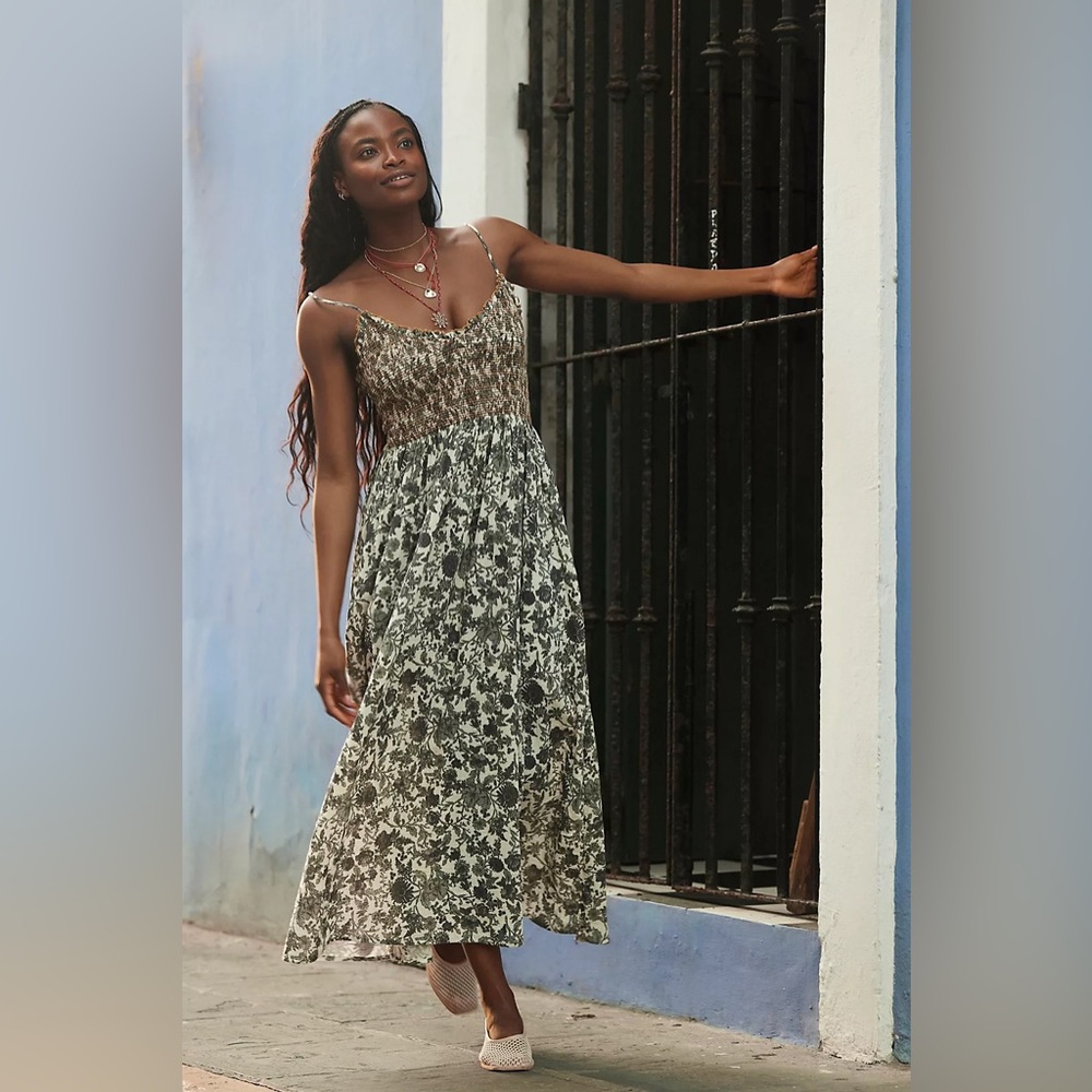 Free People Olive Green Floral Midi Dress